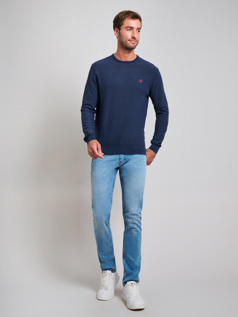 Beverly Hills Polo Club UK-GARMENT DYED MODERN SLIM FIT CREWNECK COTTON KNIT DARK NAVY