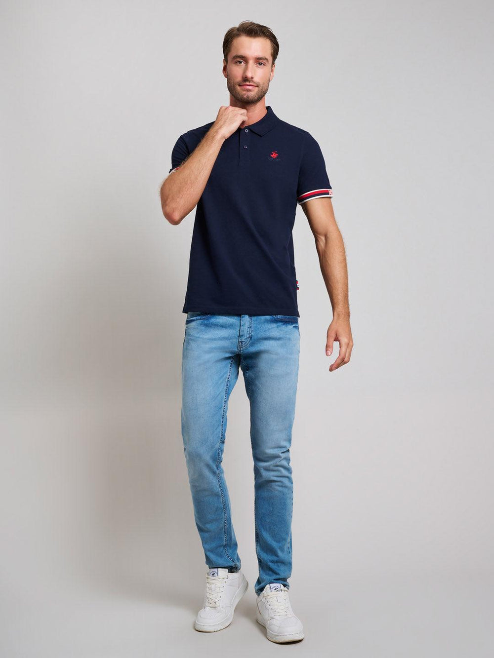 Beverly Hills Polo Club UK-RIBBED SLEEVE MODERN SLIM FIT POLO SHIRT DARK NAVY