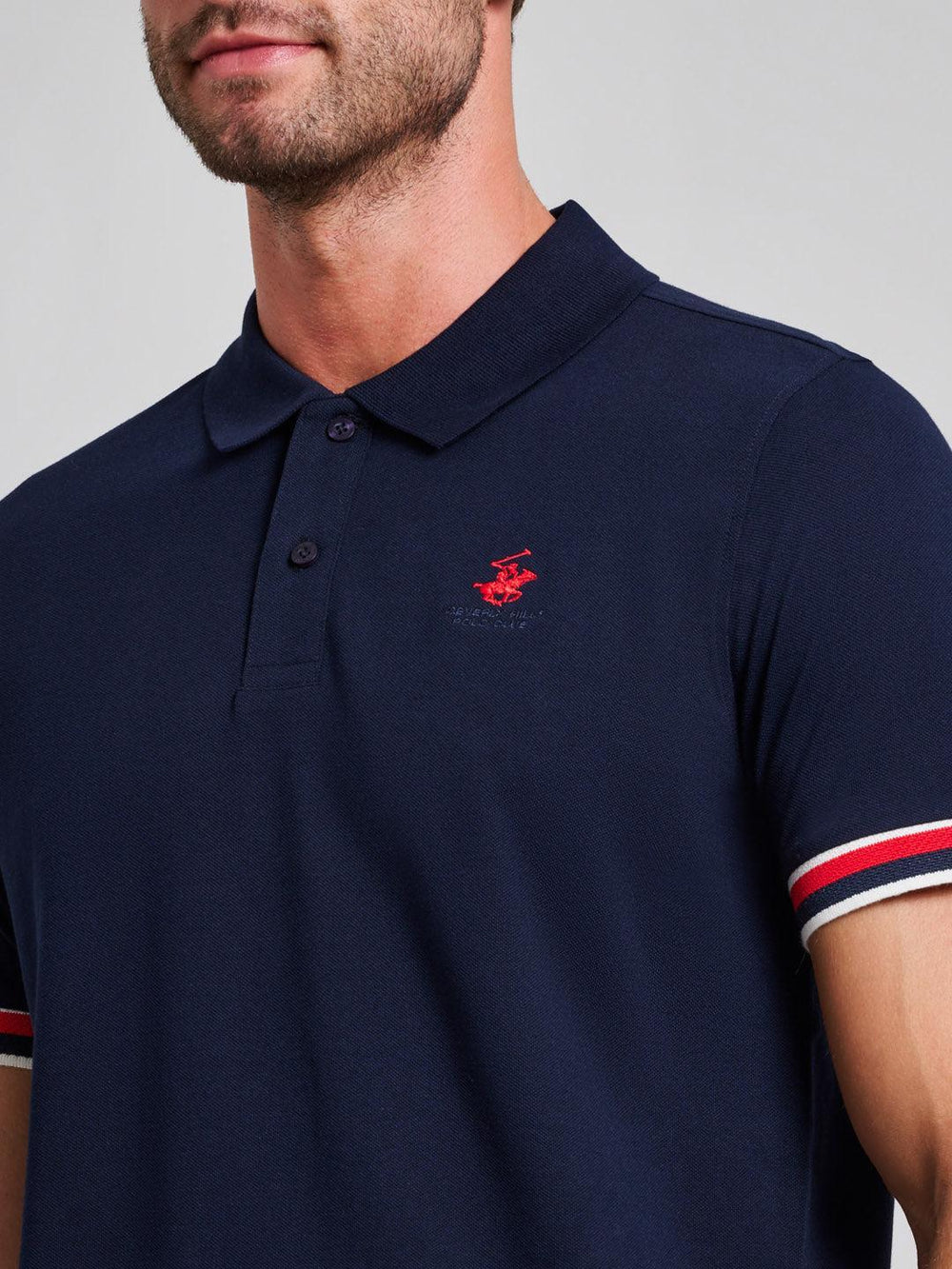 Beverly Hills Polo Club UK-RIBBED SLEEVE MODERN SLIM FIT POLO SHIRT DARK NAVY