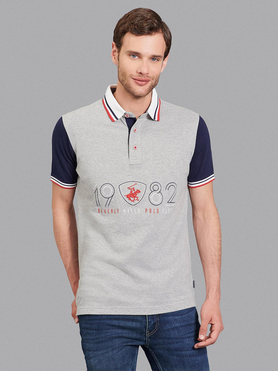 Beverly Hills Polo Club UK-1982 CONTRAST POLO SHIRT HEATHER GREY