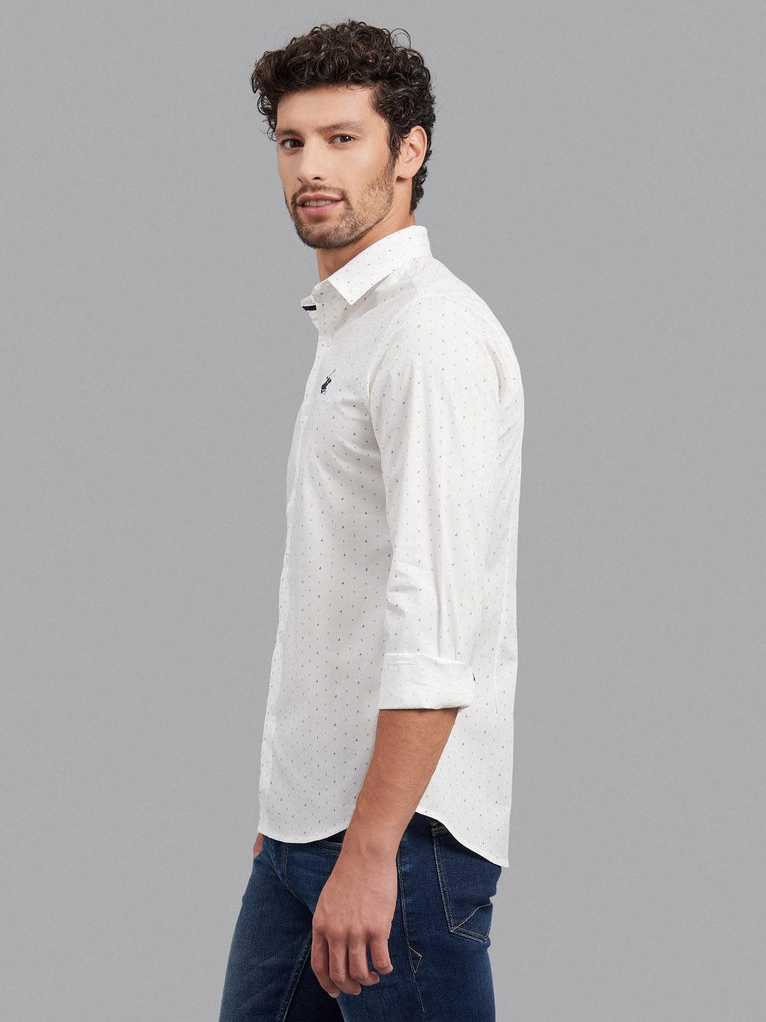 Beverly Hills Polo Club UK-ALL OVER ESSENTIAL FORMAL SHIRT WHITE KHAKI NAVY