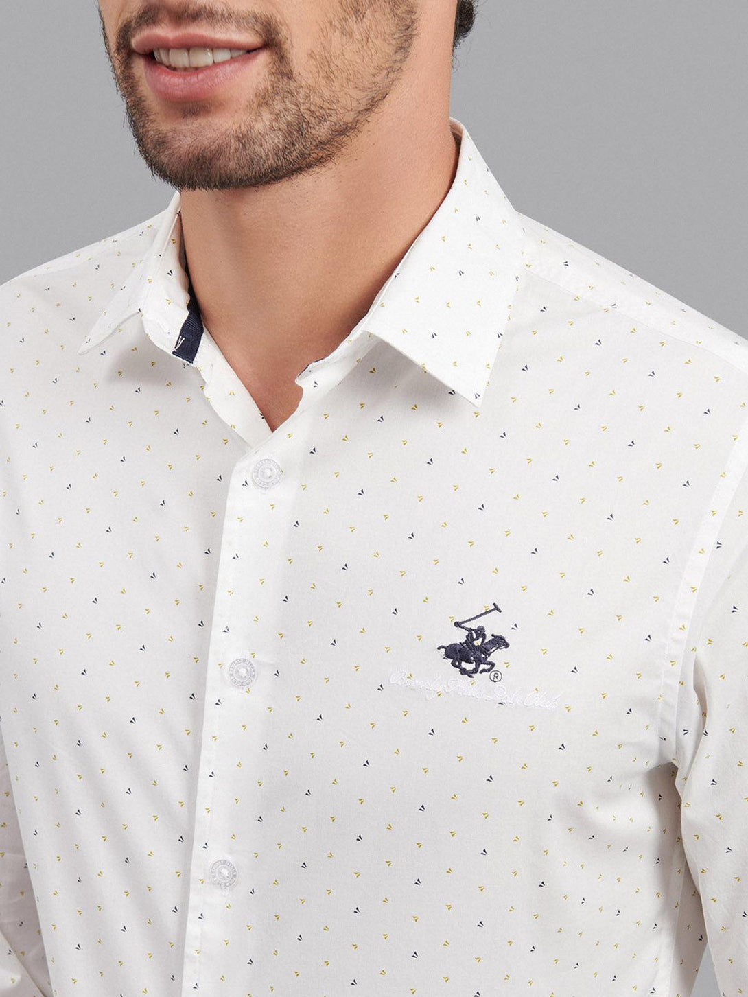 Beverly Hills Polo Club UK-ALL OVER ESSENTIAL FORMAL SHIRT WHITE KHAKI NAVY