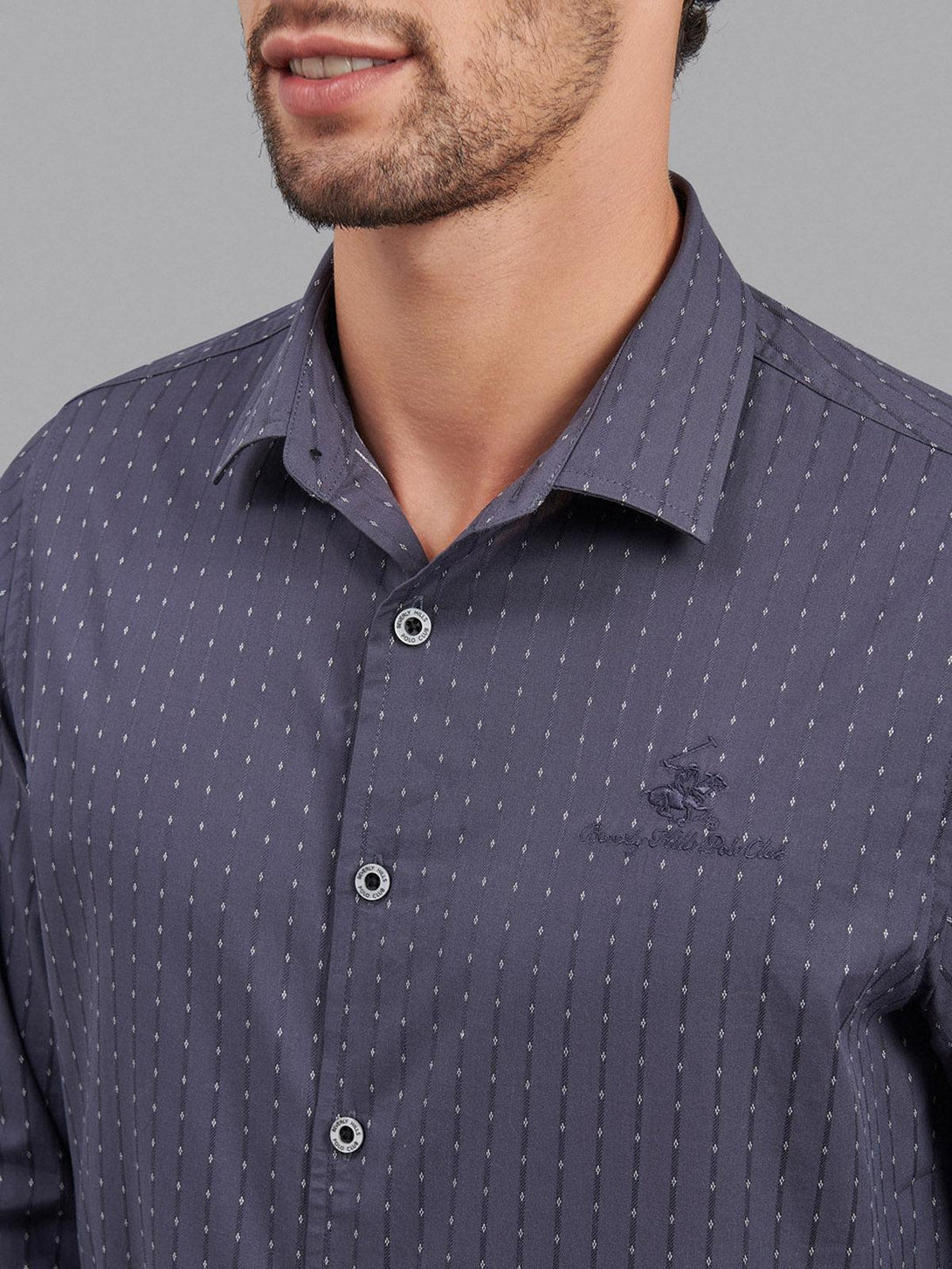 Beverly Hills Polo Club UK-ALL OVER SIGNATURE FORMAL SHIRT DARK CHARCOAL