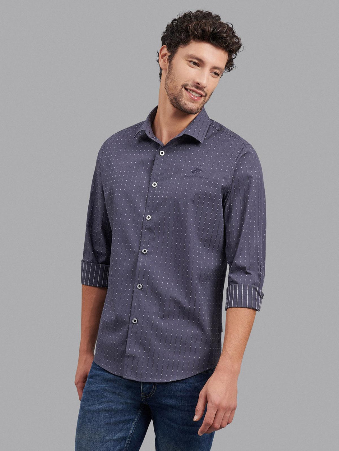 Beverly Hills Polo Club UK-ALL OVER SIGNATURE FORMAL SHIRT DARK CHARCOAL