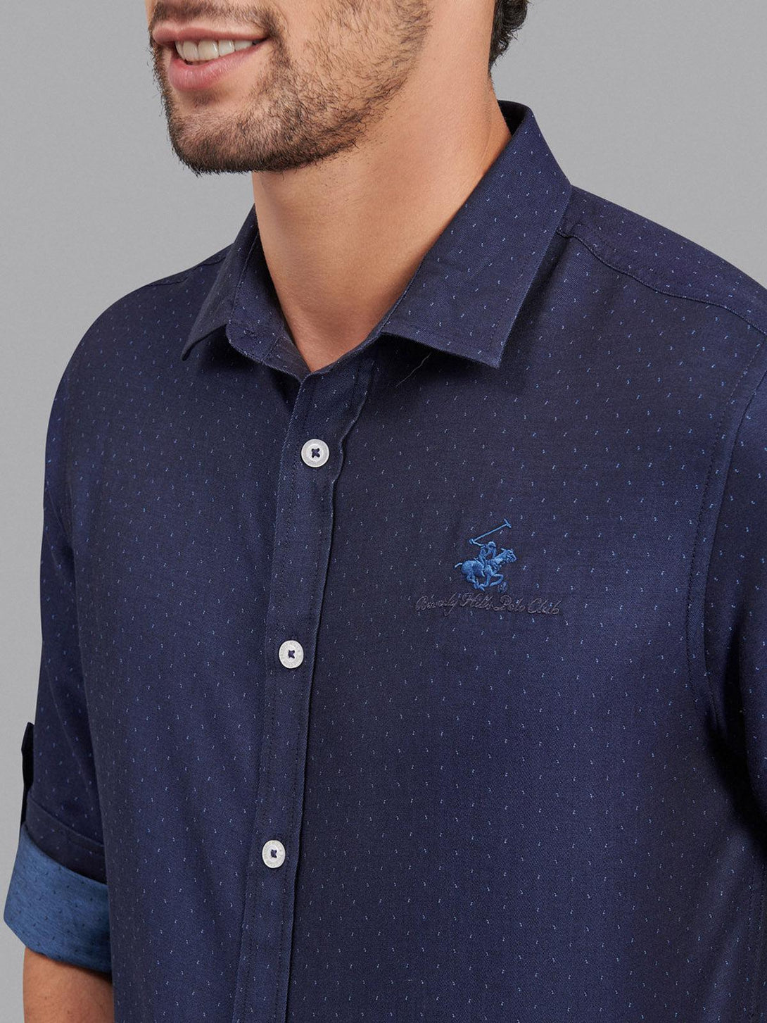 Beverly Hills Polo Club UK-ALL OVER SIGNATURE FORMAL SHIRT DARK NAVY