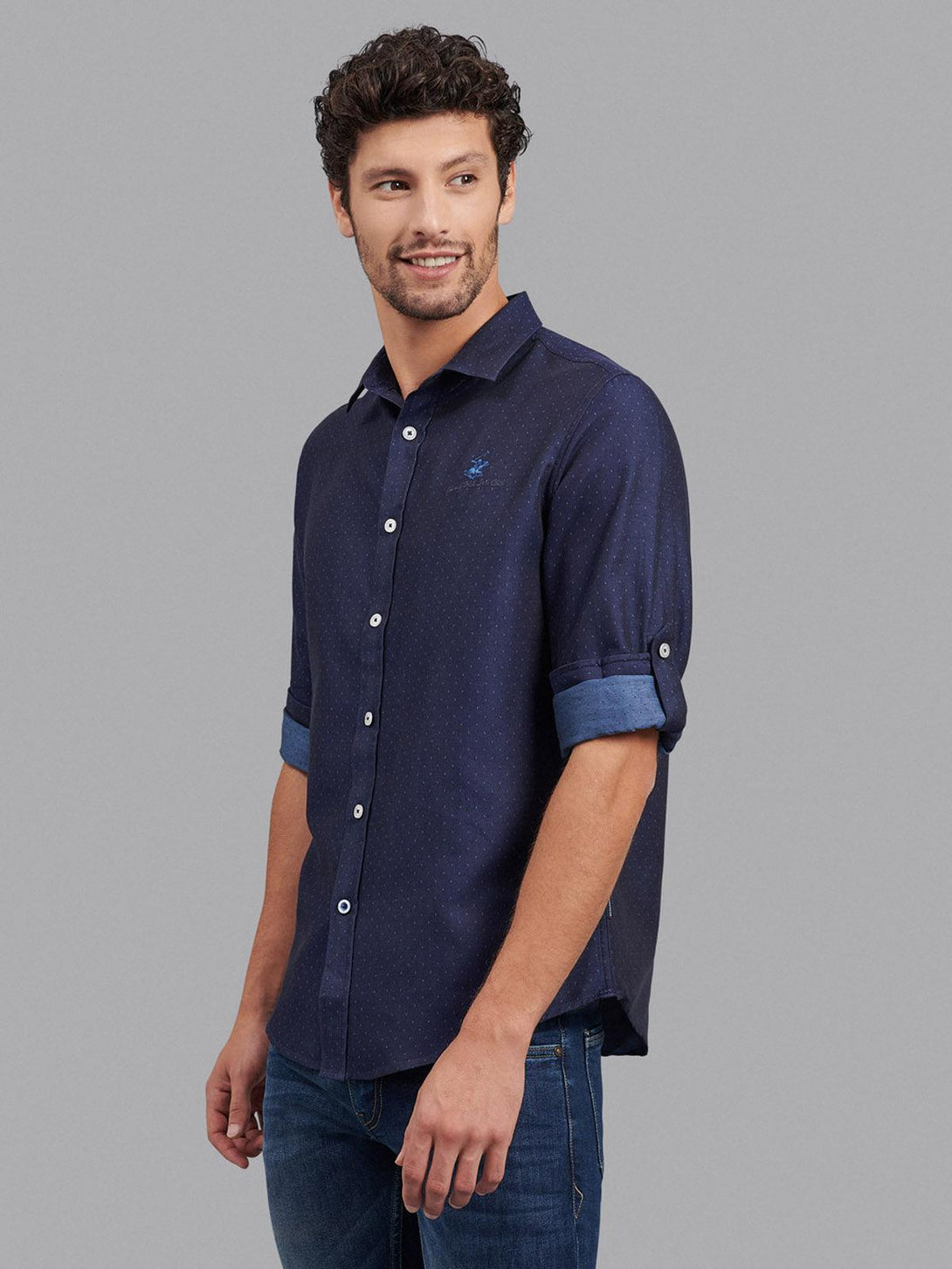 Beverly Hills Polo Club UK-ALL OVER SIGNATURE FORMAL SHIRT DARK NAVY