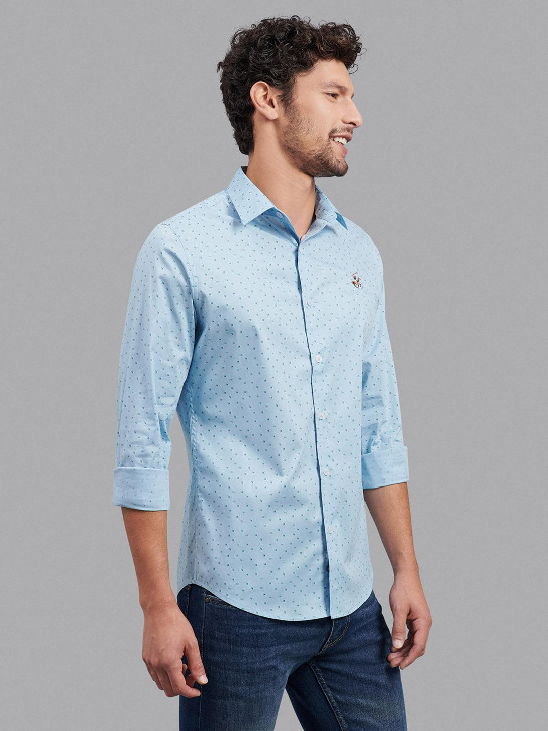 Beverly Hills Polo Club UK-ALL OVER SIGNATURE FORMAL SHIRT POWDER BLUE