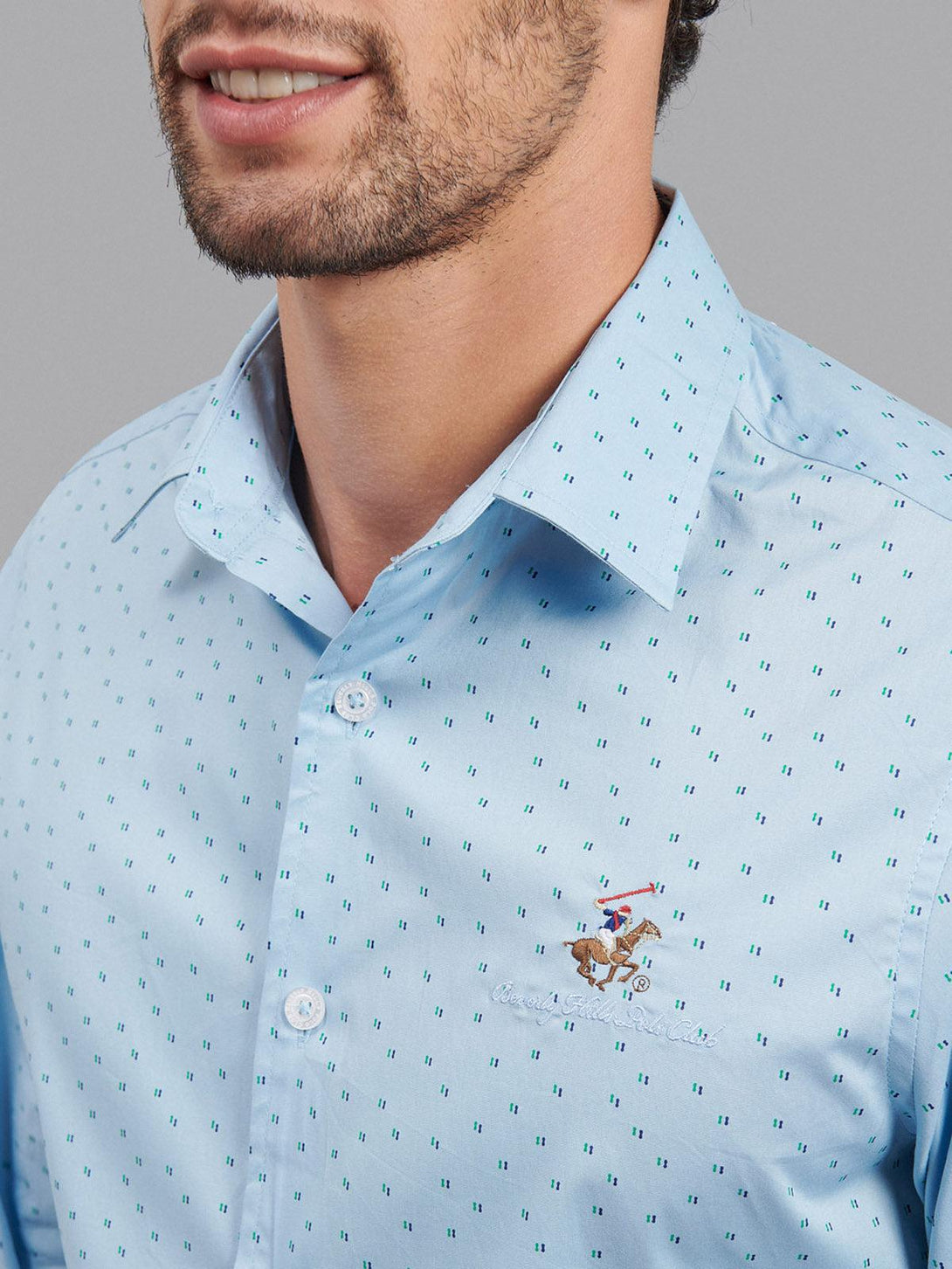 Beverly Hills Polo Club UK-ALL OVER SIGNATURE FORMAL SHIRT POWDER BLUE