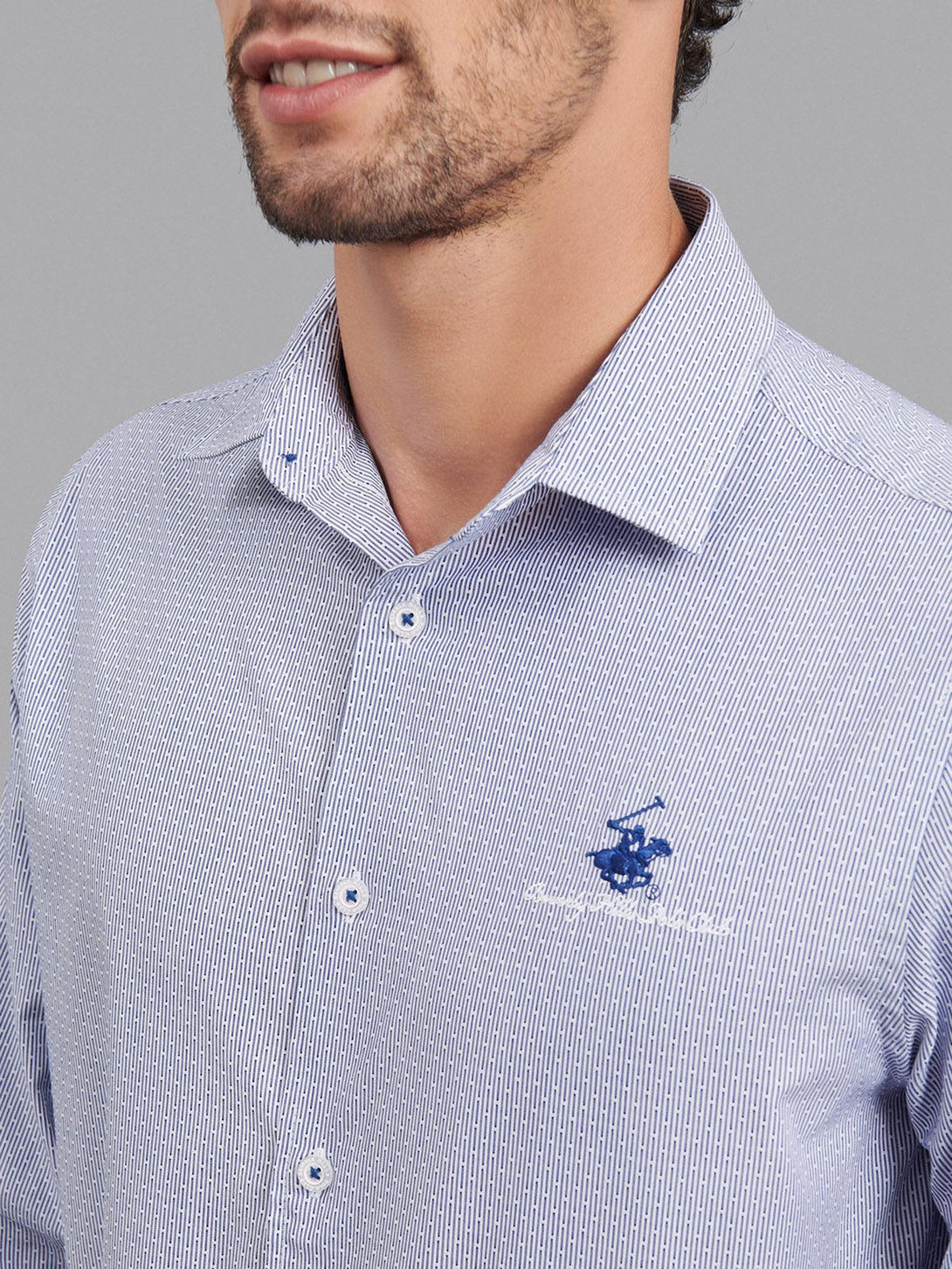 Beverly Hills Polo Club UK-ALL OVER SIGNATURE FORMAL SHIRT WHITE BALTIC BLUE