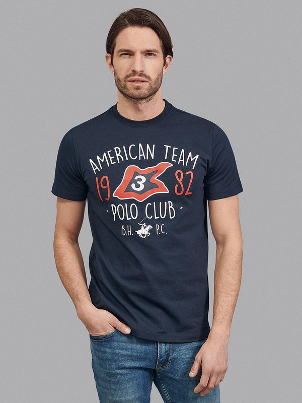 Beverly Hills Polo Club UK-AMERICA TEAM 1982 STAMPED T-SHIRT NAVY