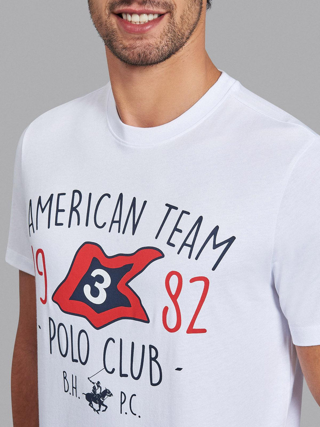 Beverly Hills Polo Club UK-AMERICA TEAM 1982 STAMPED T-SHIRT WHITE