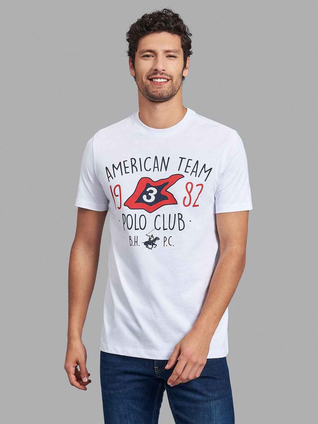 Beverly Hills Polo Club UK-AMERICA TEAM 1982 STAMPED T-SHIRT WHITE