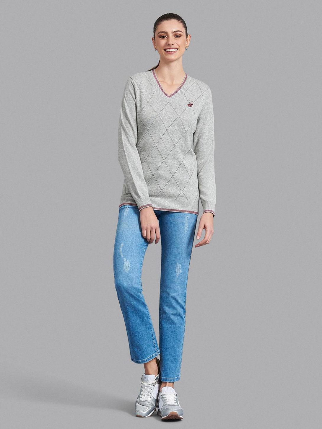 Beverly Hills Polo Club UK-ARGYLE STITCH V-NECK SWEATER HEATHER GREY