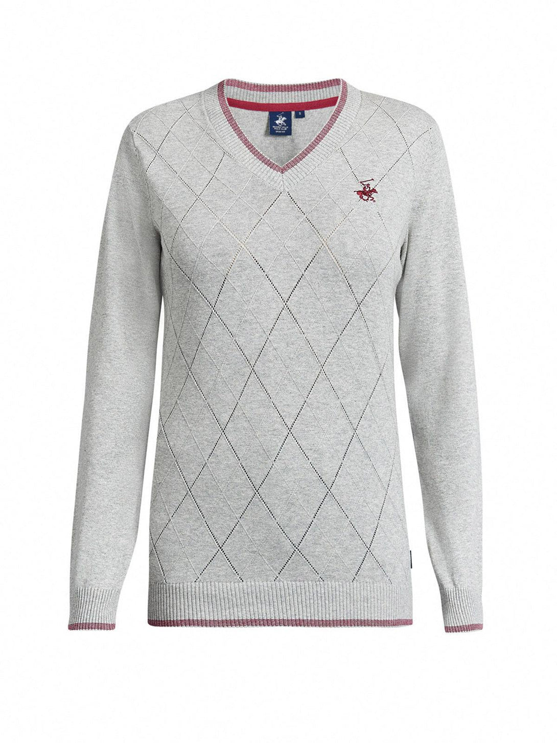 Beverly Hills Polo Club UK-ARGYLE STITCH V-NECK SWEATER HEATHER GREY