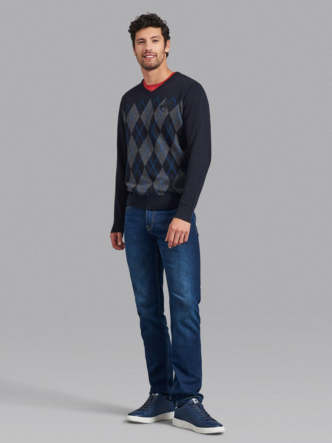 Beverly Hills Polo Club UK-ARGYLE V-NECK COTTON KNIT SWEAT BLACK