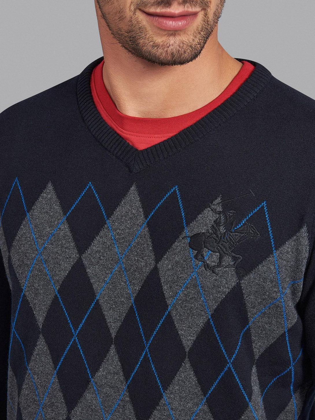 Beverly Hills Polo Club UK-ARGYLE V-NECK COTTON KNIT SWEAT BLACK