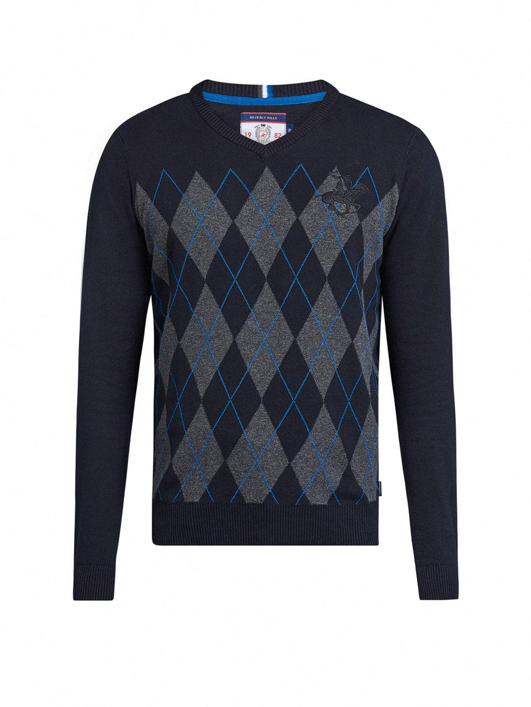 Beverly Hills Polo Club UK-ARGYLE V-NECK COTTON KNIT SWEAT BLACK