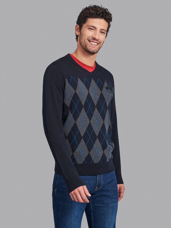 Beverly Hills Polo Club UK-ARGYLE V-NECK COTTON KNIT SWEAT BLACK