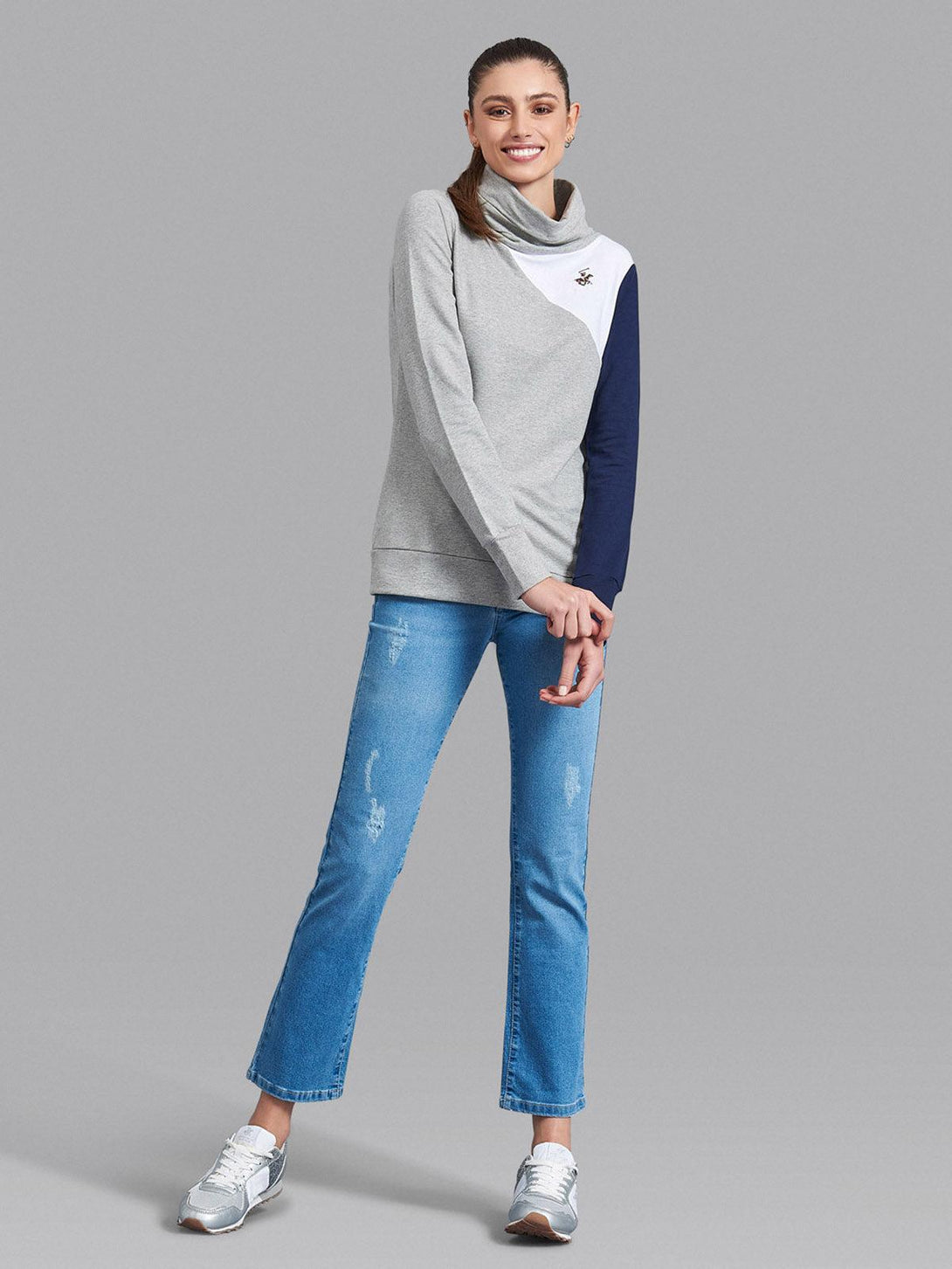 Beverly Hills Polo Club UK-ASYMMETRIC FUNNEL NECK SWEATSHIRT HEATHER GREY