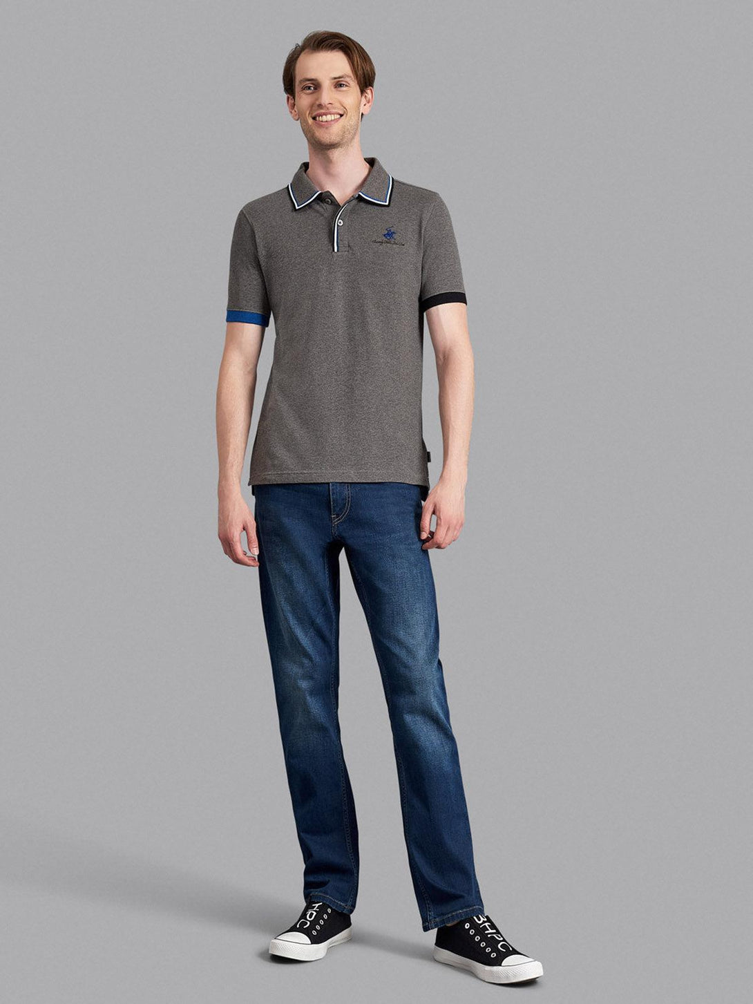 Beverly Hills Polo Club UK-ASYMMETRIC TIPPED SIGNATURE POLO SHIRT HEATHER CHARCOAL