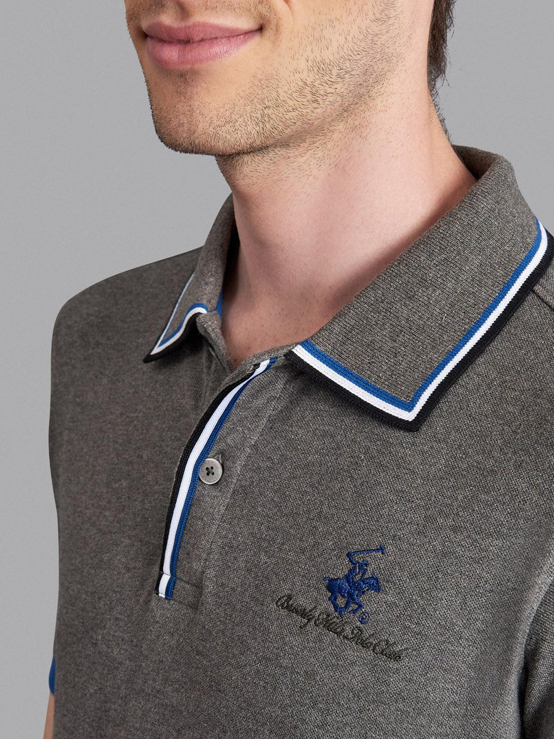 Beverly Hills Polo Club UK-ASYMMETRIC TIPPED SIGNATURE POLO SHIRT HEATHER CHARCOAL