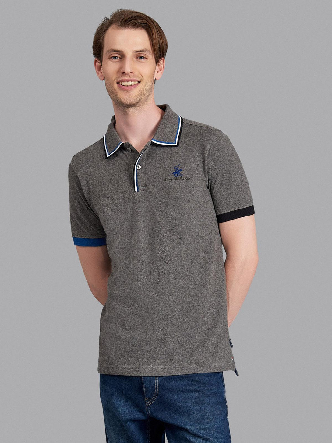 Beverly Hills Polo Club UK-ASYMMETRIC TIPPED SIGNATURE POLO SHIRT HEATHER CHARCOAL