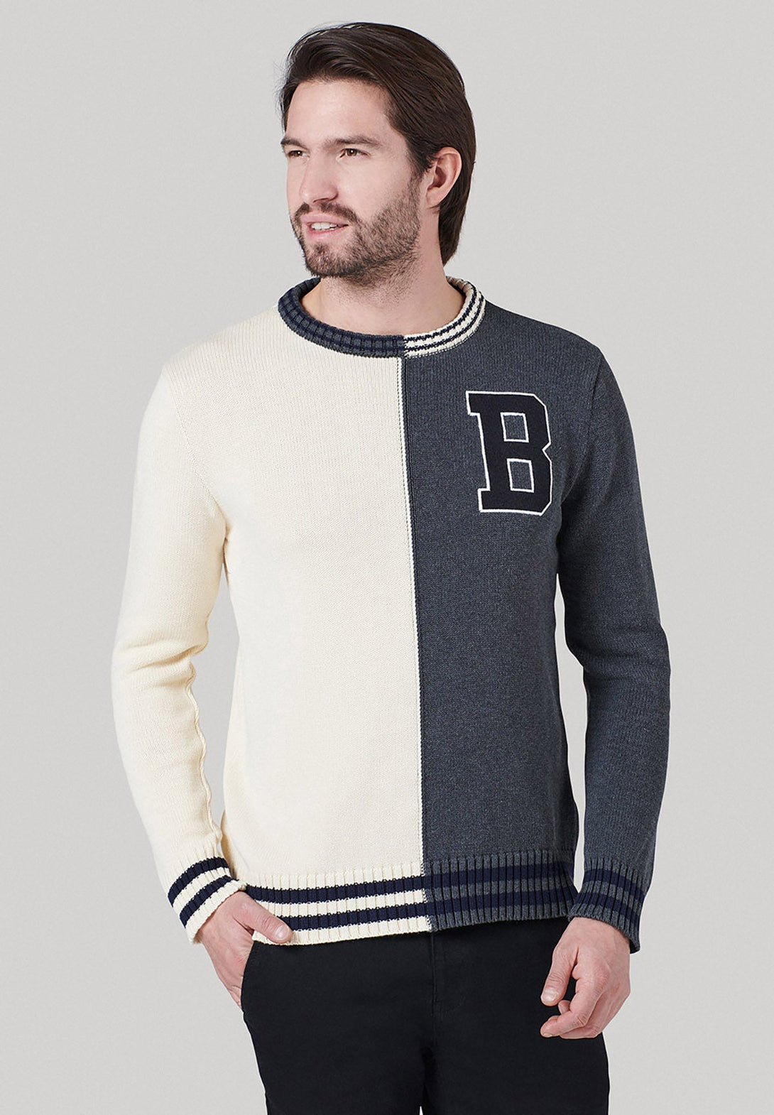 Beverly Hills Polo Club UK-B LOGO SPLIT COLOUR CREW NECK KNIT DARK GREY