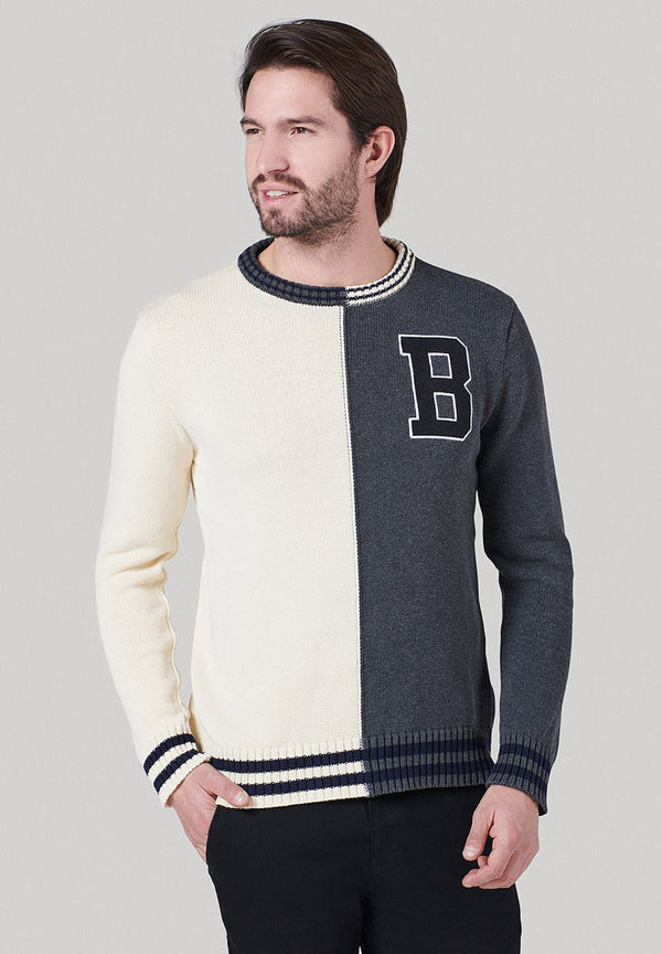 Beverly Hills Polo Club UK-B LOGO SPLIT COLOUR CREW NECK KNIT DARK GREY