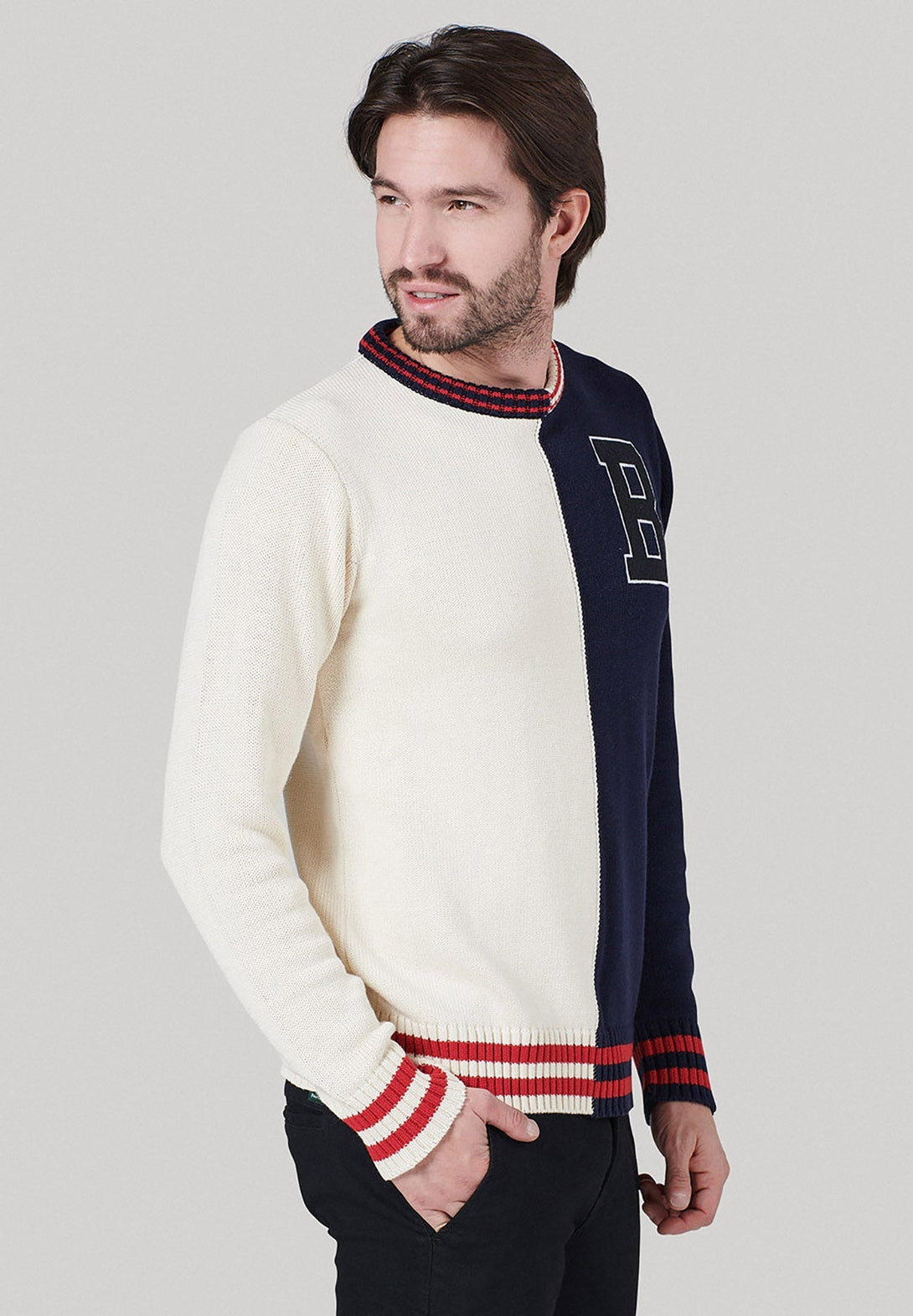 Beverly Hills Polo Club UK-B LOGO SPLIT COLOUR CREW NECK KNIT NAVY