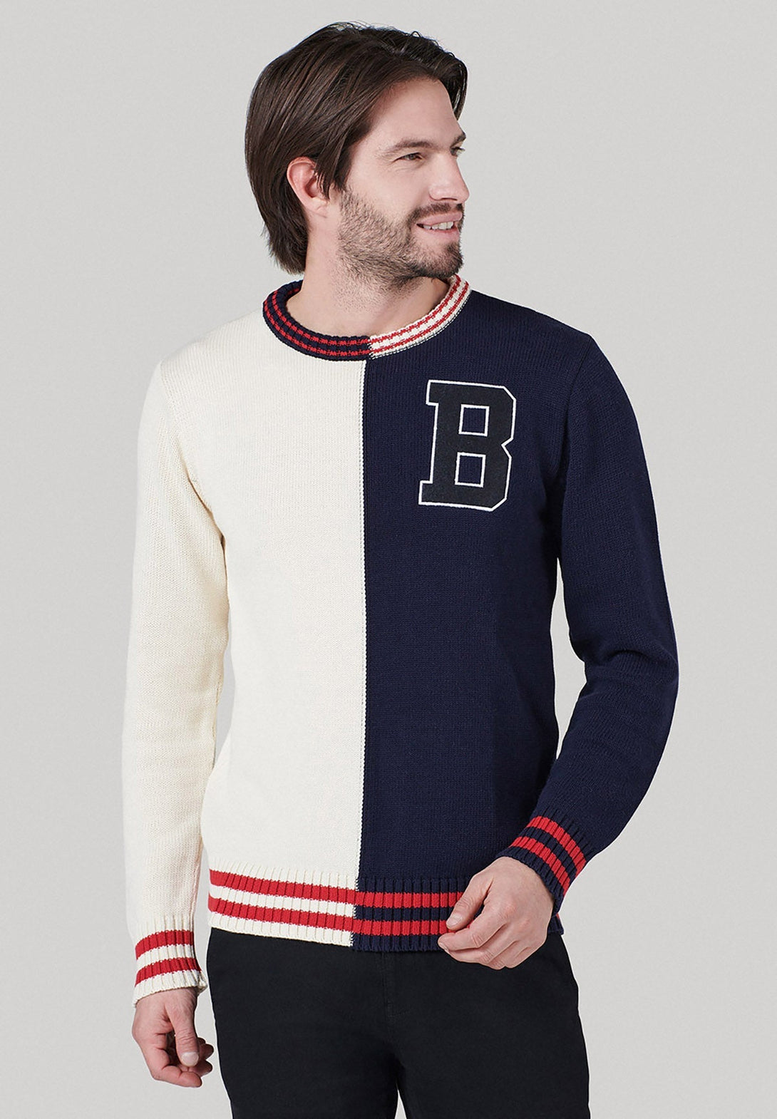 Beverly Hills Polo Club UK-B LOGO SPLIT COLOUR CREW NECK KNIT NAVY