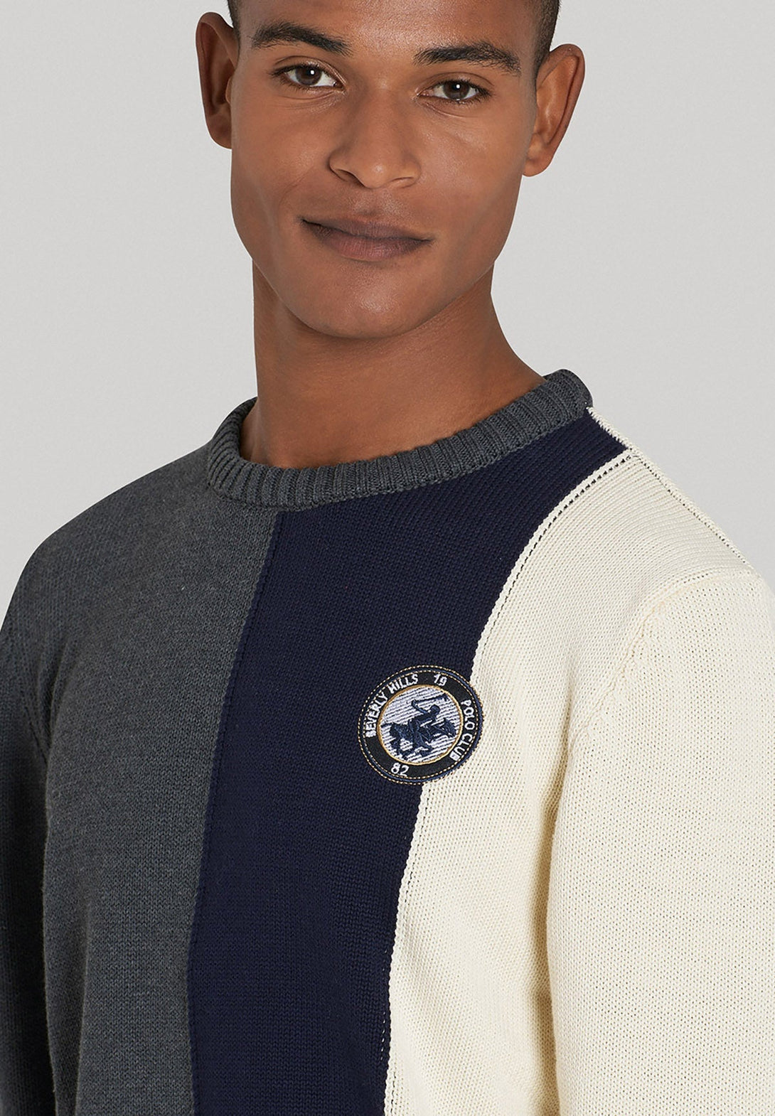 Beverly Hills Polo Club UK-BADGE PATCH PANEL KNIT SWEATER DARK GREY