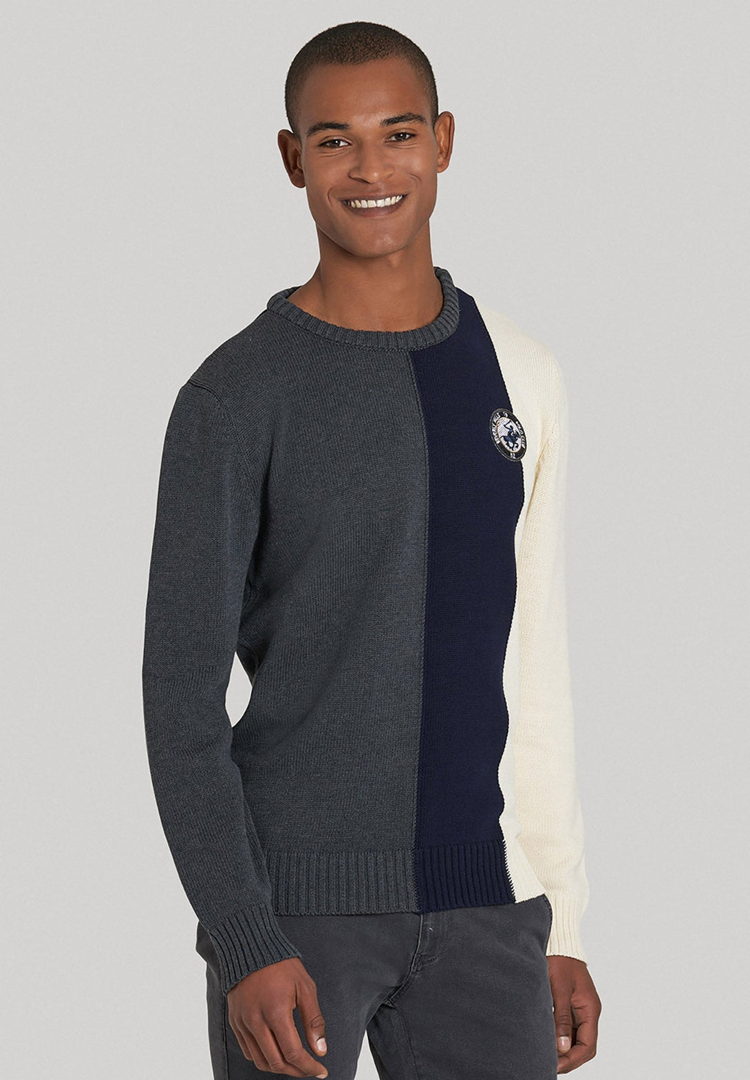 Beverly Hills Polo Club UK-BADGE PATCH PANEL KNIT SWEATER DARK GREY