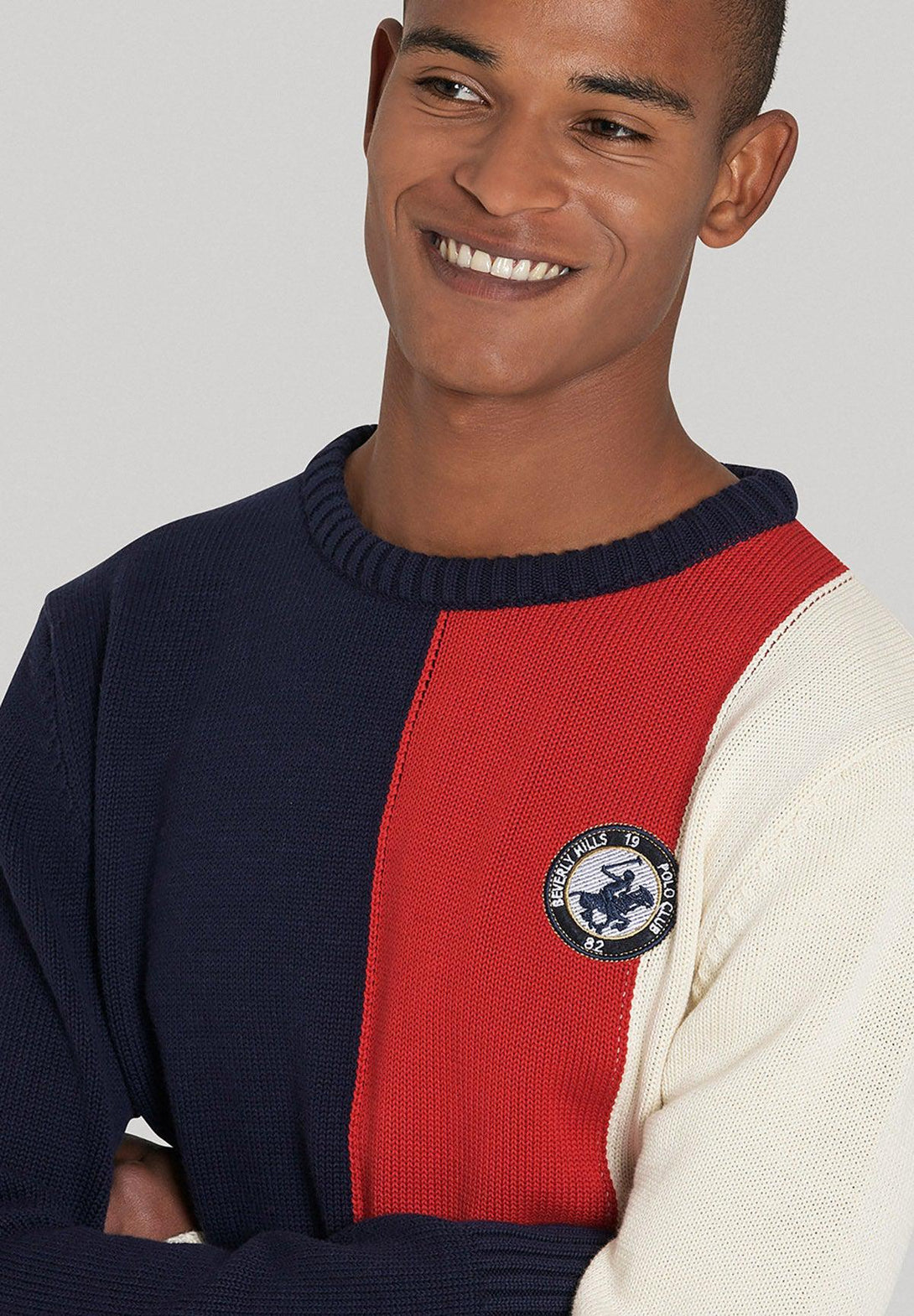 Beverly Hills Polo Club UK-BADGE PATCH PANEL KNIT SWEATER NAVY