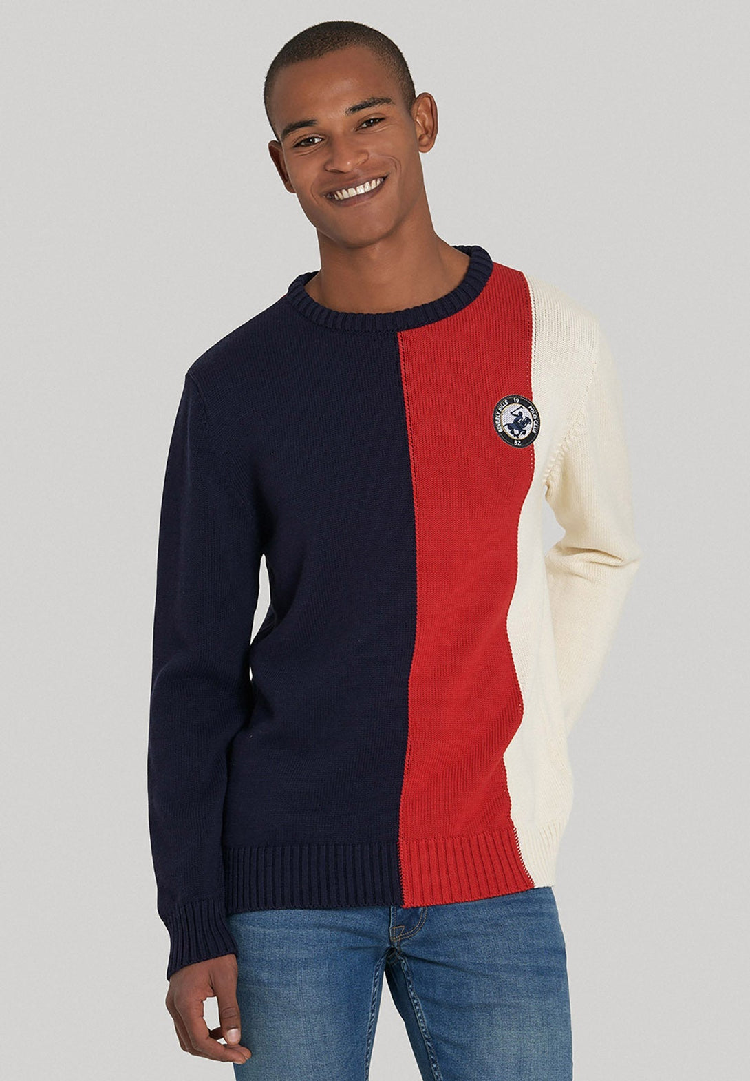 Beverly Hills Polo Club UK-BADGE PATCH PANEL KNIT SWEATER NAVY