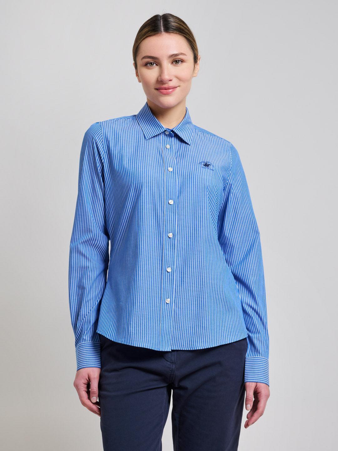 Beverly Hills Polo Club UK-BENGAL STRIPE COTTON POPLIN SHIRT LIGHT BLUE