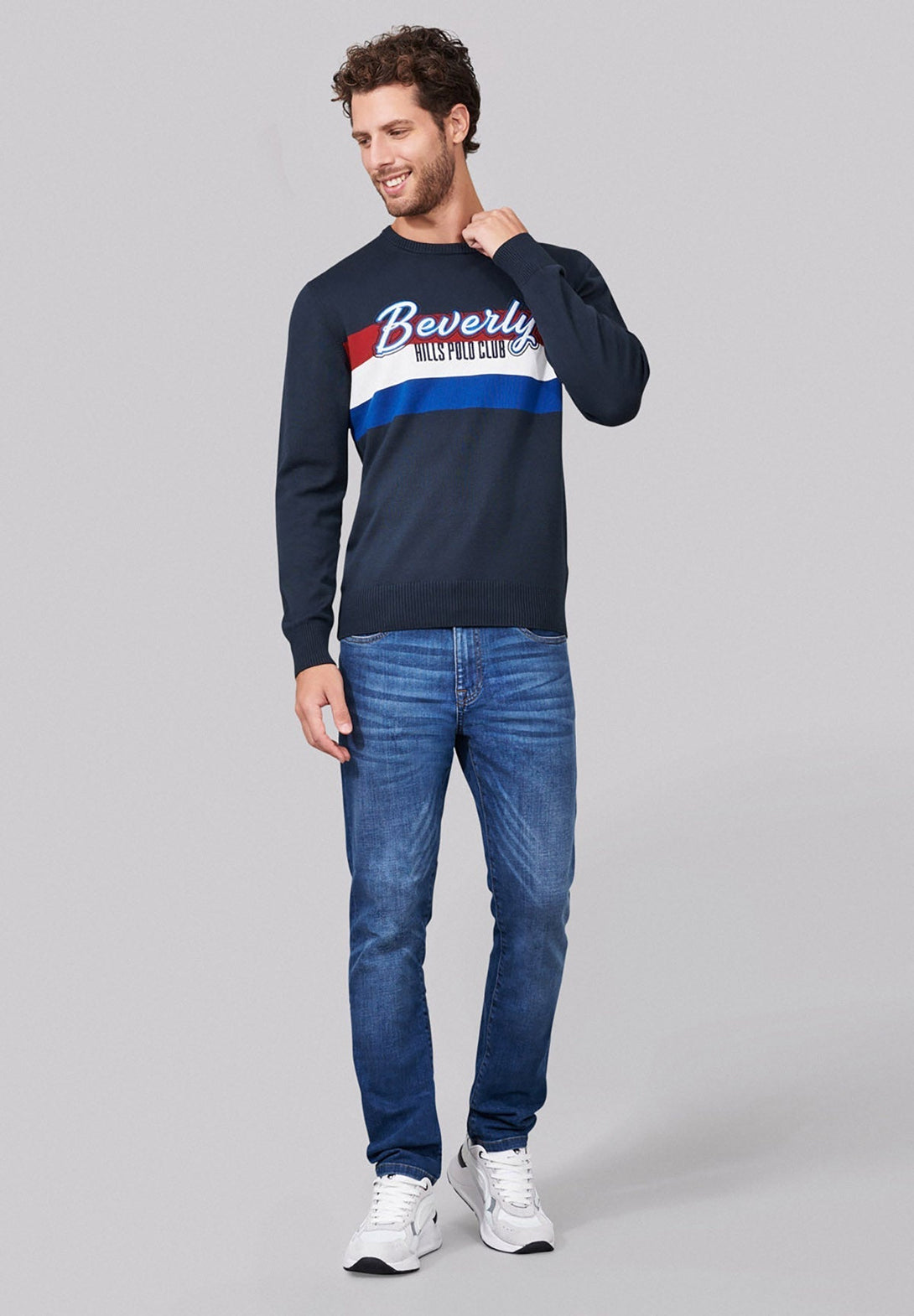 Beverly Hills Polo Club UK-BEVERLY STRIPED CREWNECK KNIT TRUE NAVY