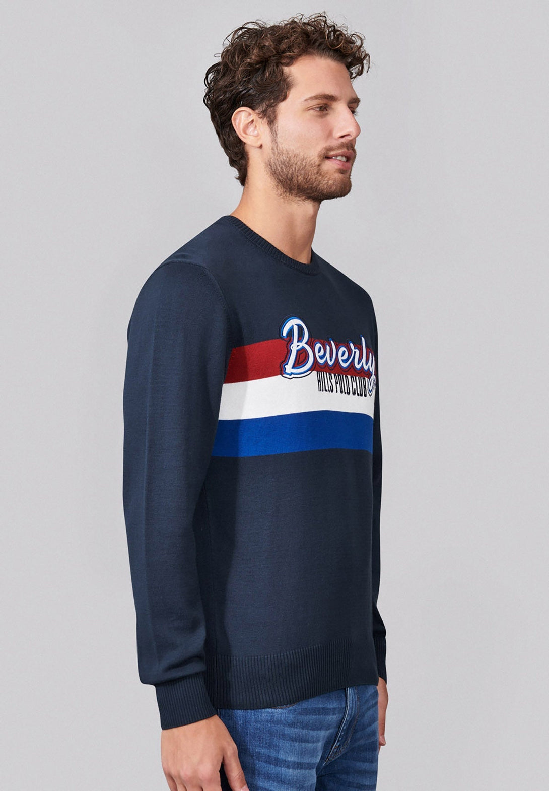 Beverly Hills Polo Club UK-BEVERLY STRIPED CREWNECK KNIT TRUE NAVY