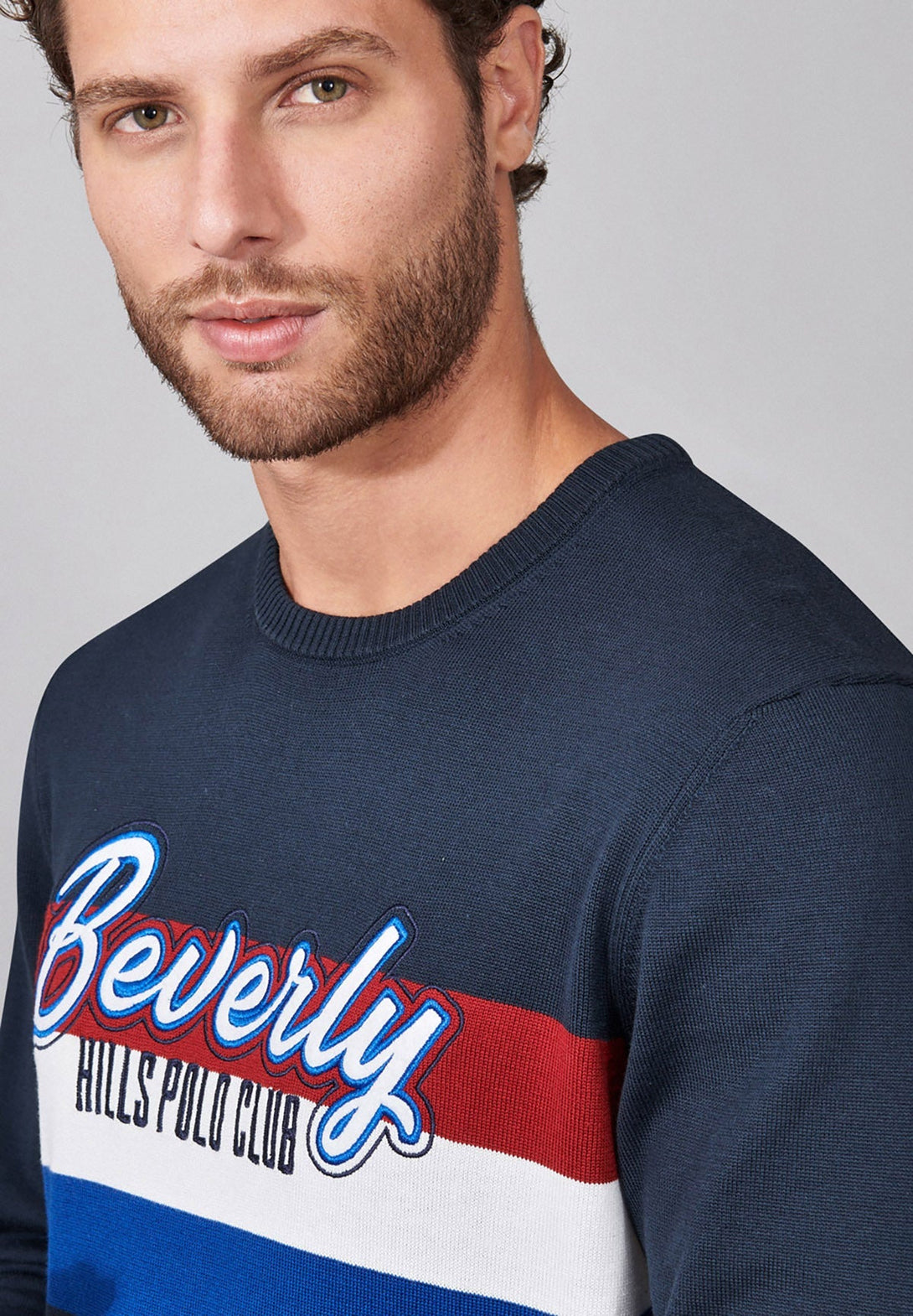 Beverly Hills Polo Club UK-BEVERLY STRIPED CREWNECK KNIT TRUE NAVY