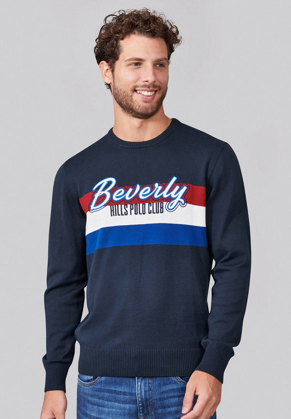 Beverly Hills Polo Club UK-BEVERLY STRIPED CREWNECK KNIT TRUE NAVY