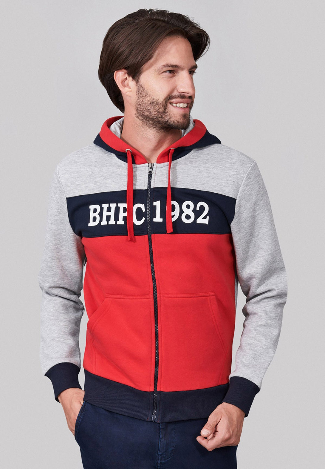 Beverly Hills Polo Club UK-BHPC 1982 COLOUR BLOCK ZIP HOODIE HEATHER GREY