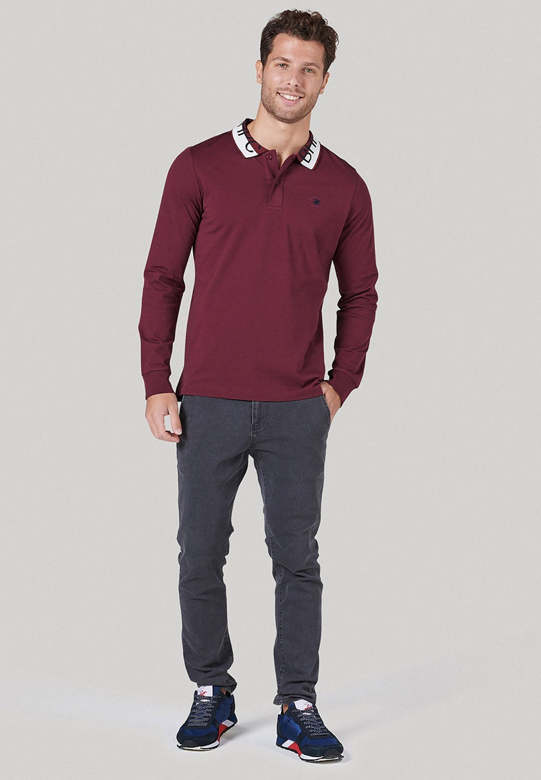 Beverly Hills Polo Club UK-BHPC COLLAR LS POLO SHIRT BOURDEAUX