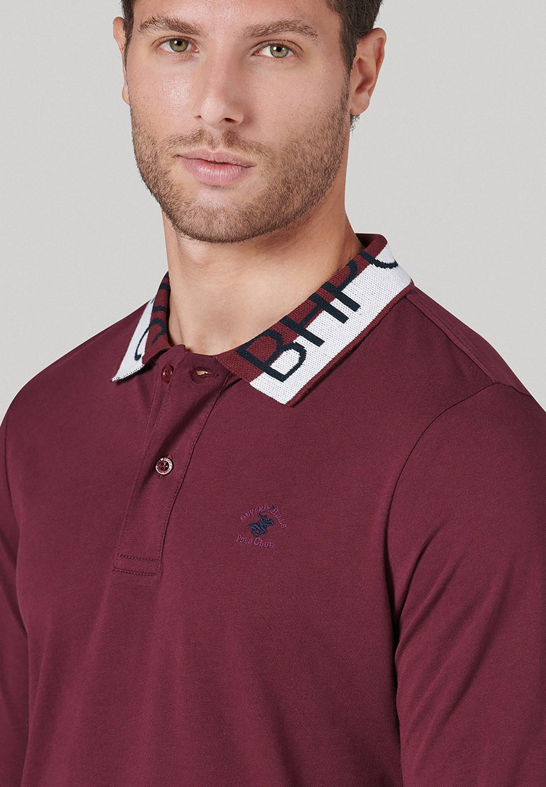 Beverly Hills Polo Club UK-BHPC COLLAR LS POLO SHIRT BOURDEAUX