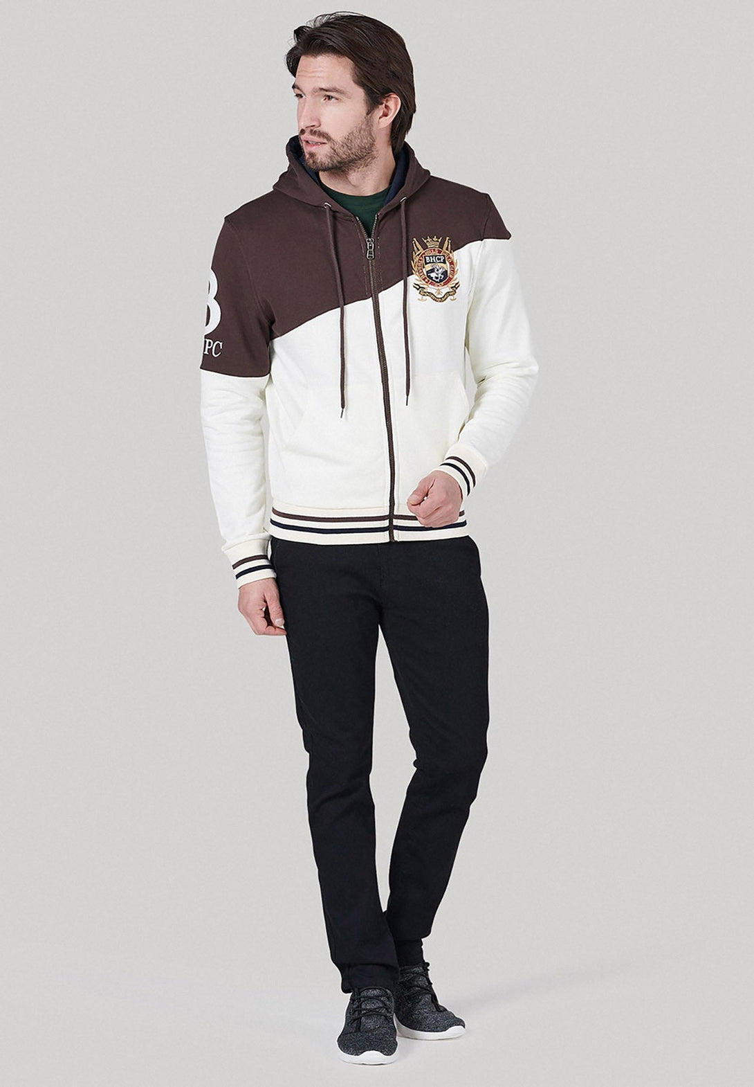 Beverly Hills Polo Club UK-BHPC HERALDIC CREST DIAGONAL PANEL ZIP HOODIE COFFEE