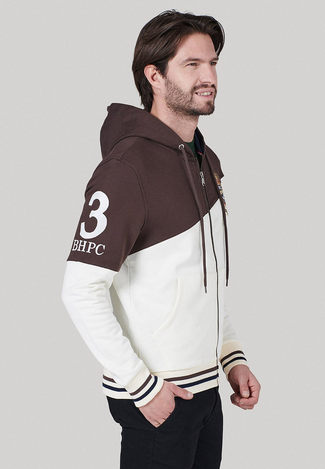 Beverly Hills Polo Club UK-BHPC HERALDIC CREST DIAGONAL PANEL ZIP HOODIE COFFEE