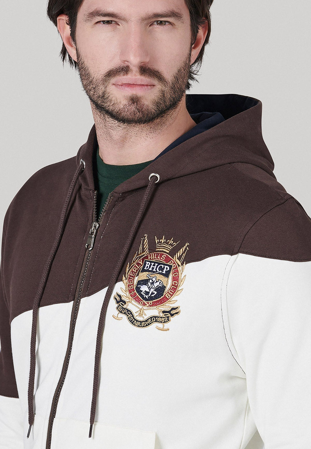 Beverly Hills Polo Club UK-BHPC HERALDIC CREST DIAGONAL PANEL ZIP HOODIE COFFEE