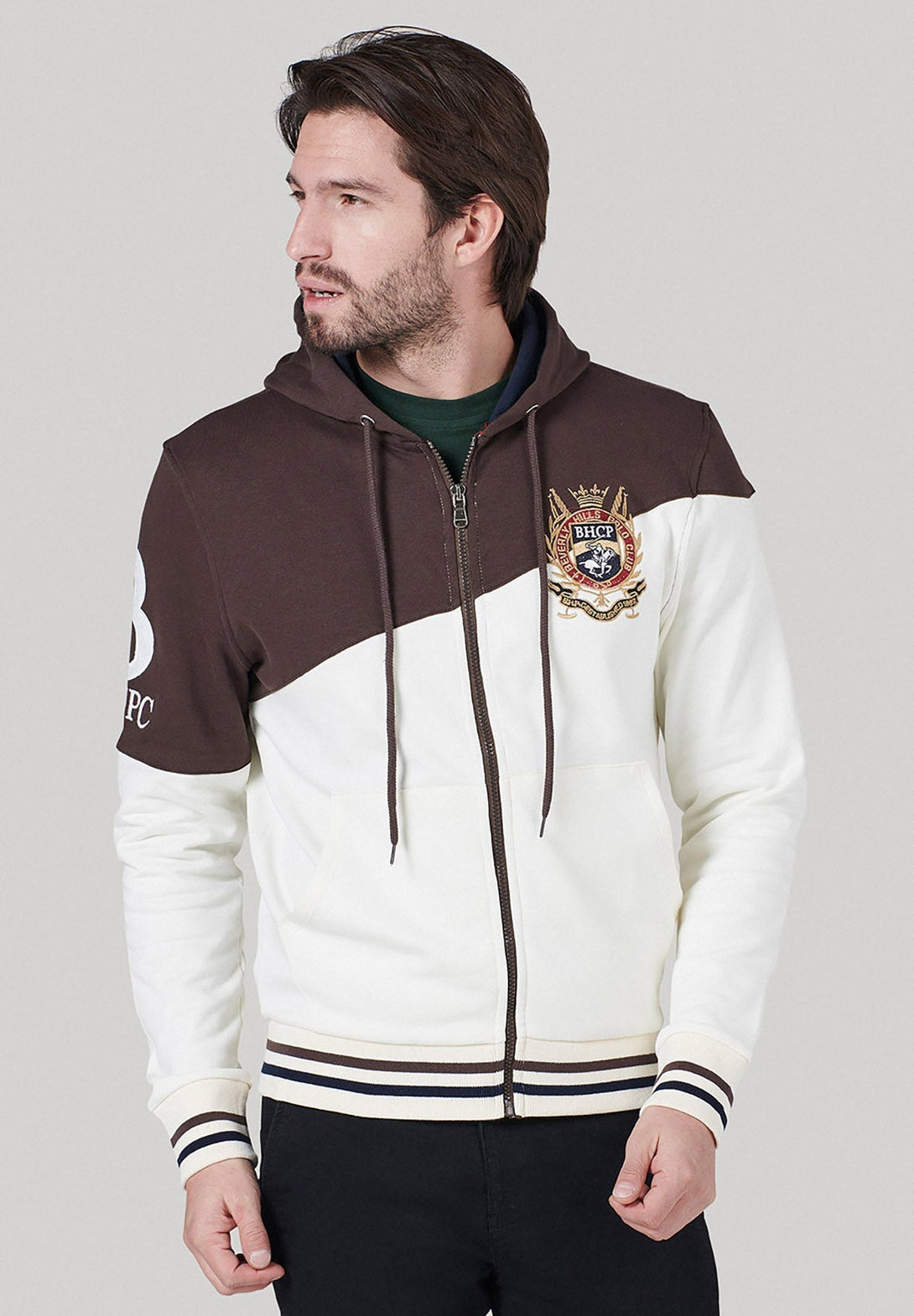 Beverly Hills Polo Club UK-BHPC HERALDIC CREST DIAGONAL PANEL ZIP HOODIE COFFEE