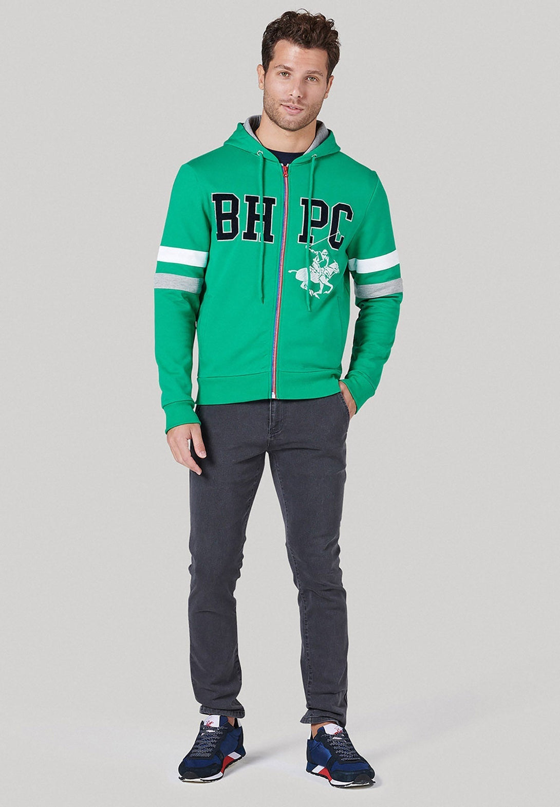 Beverly Hills Polo Club UK-BHPC POLO PONY STRIPE SLEEVE ZIP HOODIE EMERALD