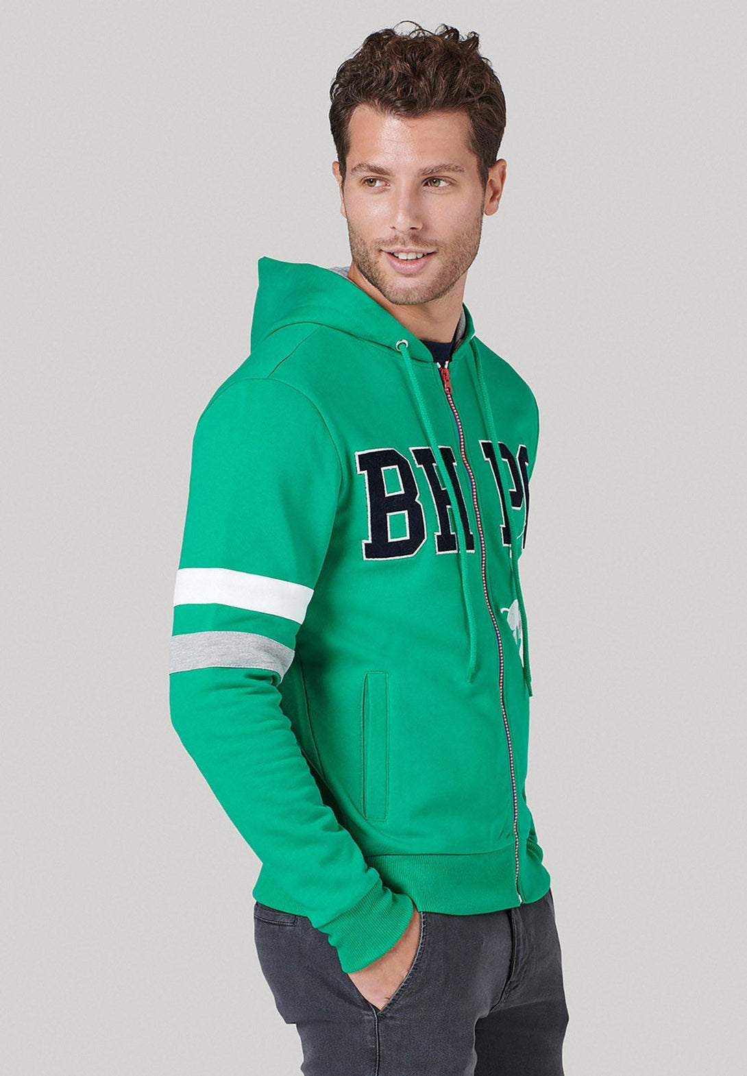 Beverly Hills Polo Club UK-BHPC POLO PONY STRIPE SLEEVE ZIP HOODIE EMERALD