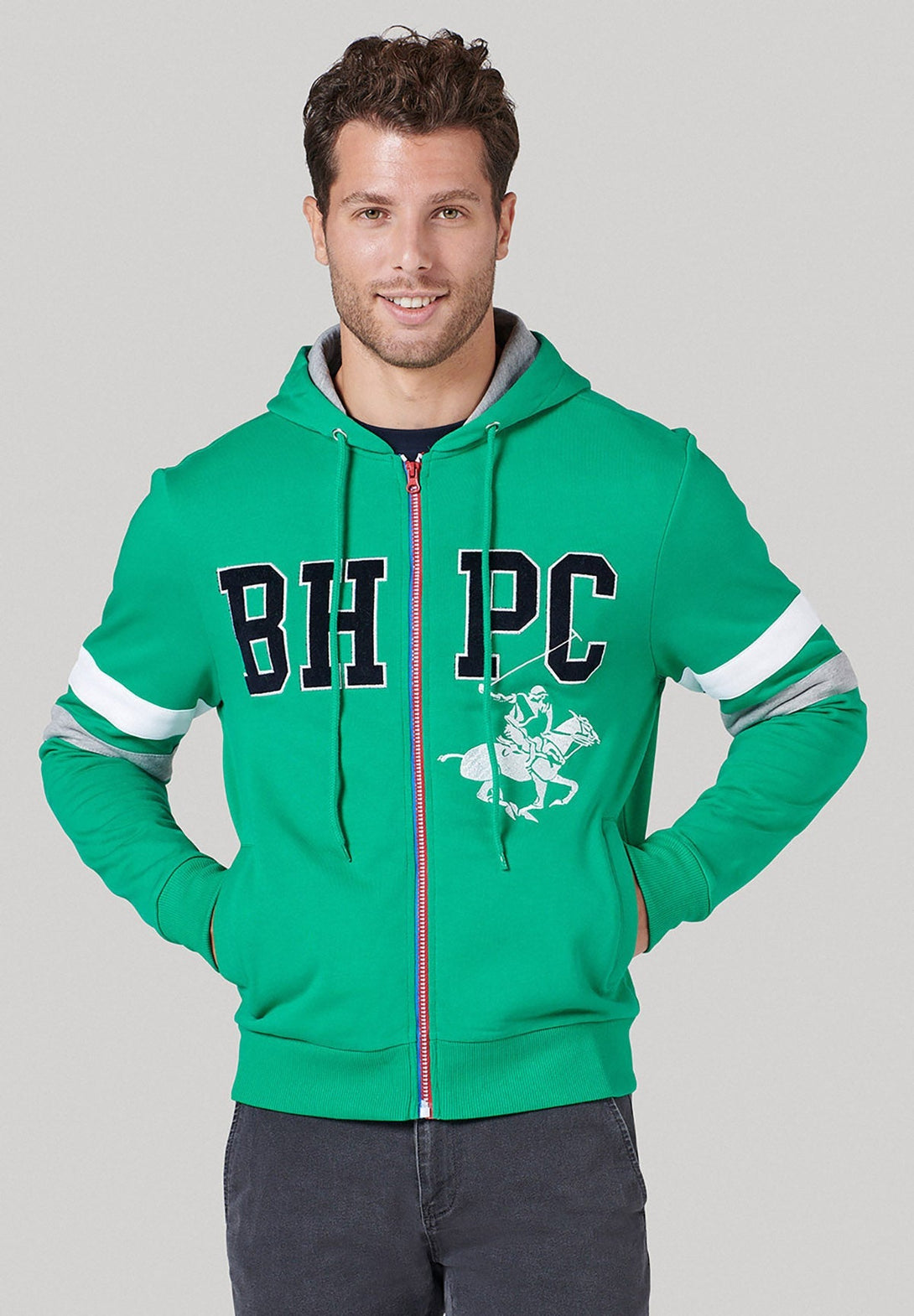 Beverly Hills Polo Club UK-BHPC POLO PONY STRIPE SLEEVE ZIP HOODIE EMERALD