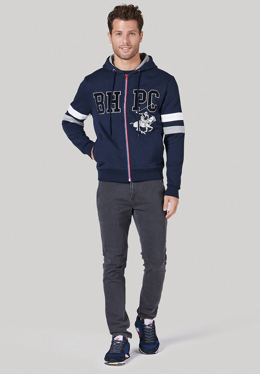 Beverly Hills Polo Club UK-BHPC POLO PONY STRIPE SLEEVE ZIP HOODIE NAVY